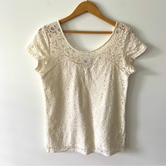 3/$30💚Smart Set cream white lace floral short sleeve top size large - Picture 1 of 15
